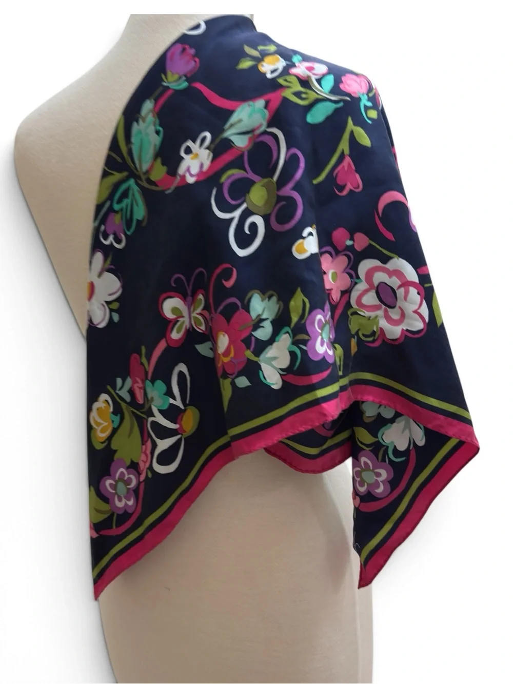 Vera Bradley Large Square Floral Scarf Navy Pink 33” Vivid Print
